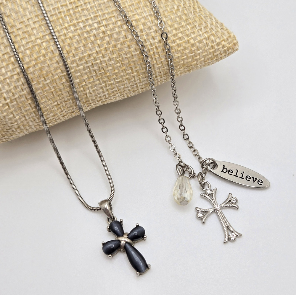 Cross Necklaces Silvertone Chain Blue Crucifix Pendant Rhinestone Charm Lot Of 2